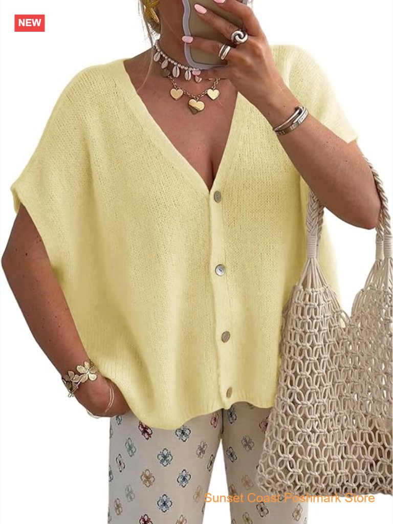 Oversized Batwing Short Sleeve V-Neck Button Cardigan Lightweight